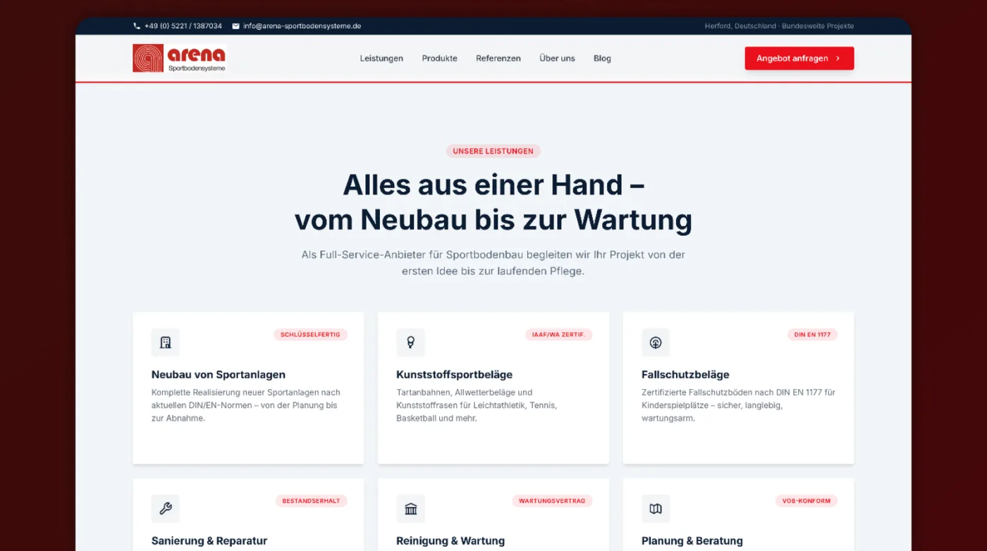 Startseite der neu entwickelten Website von arena Sportbodensysteme